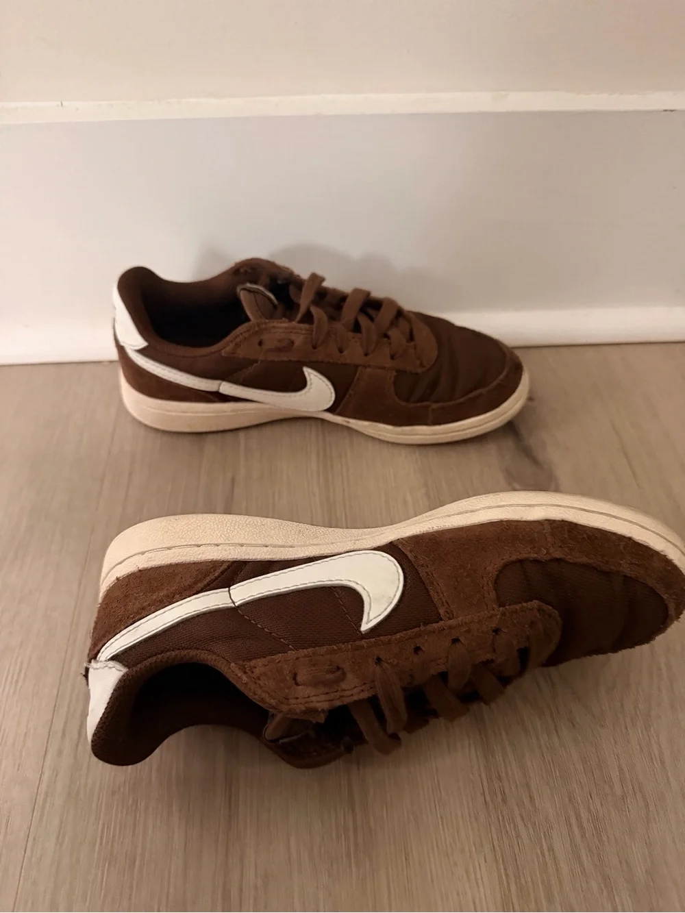 Nike Brown Suede and Textile Low-Top Sneakers with White Swoosh